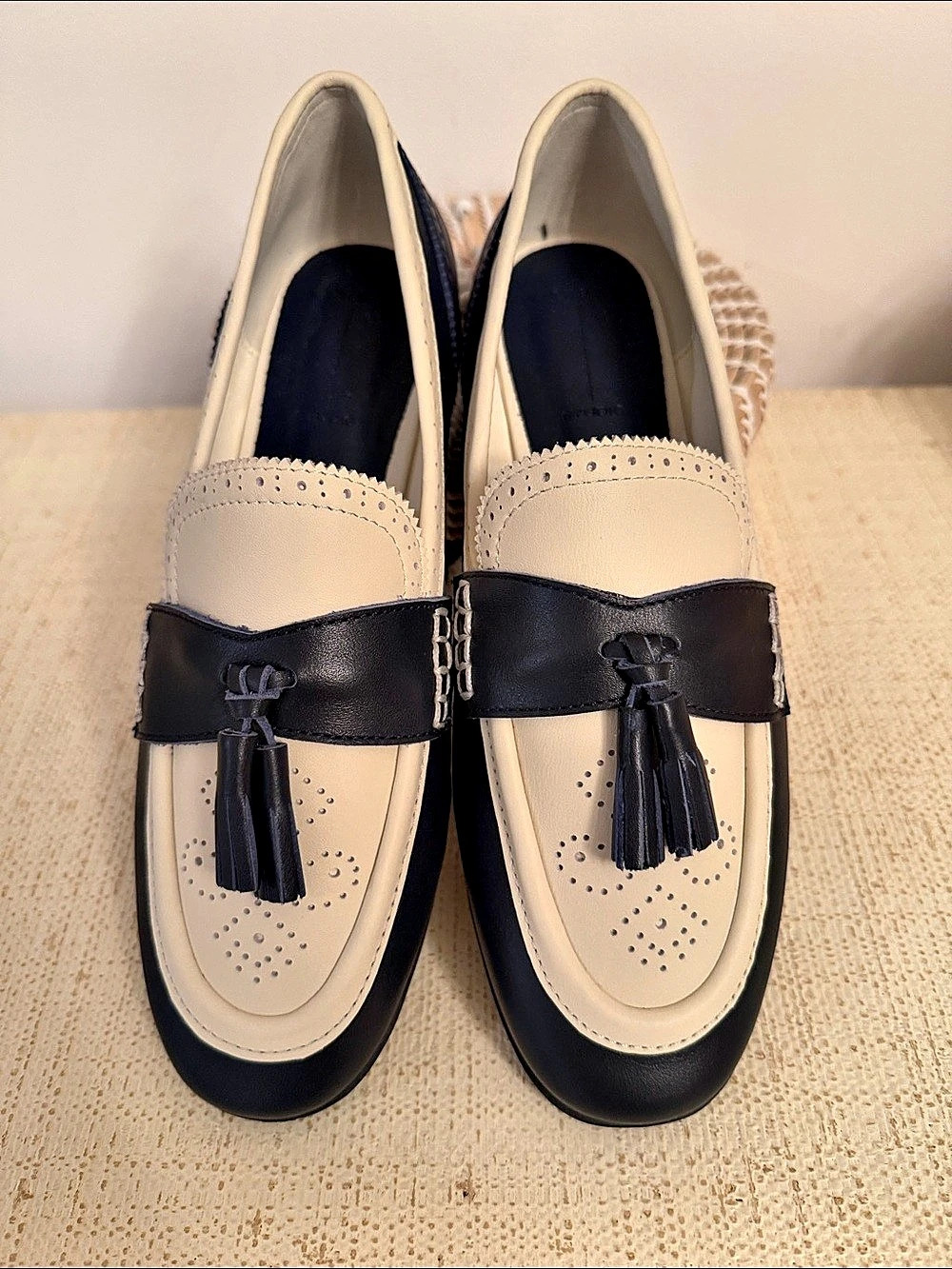 New Black Suede Studio Two-Tone Tassel Loafers in Blue & Cream, EUR 38/US 7,5